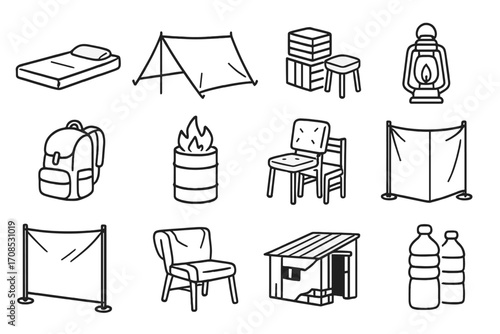 Urban Hideout Icons. Line style icons of makeshift hideouts: urban camp mattress, tarp roof setup, crate seating, lantern icon,