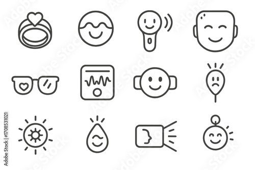 Emotion Sensing Devices. Line style icons of emotion sensing devices: emotional pulse ring, mood color patch, voice emotion reader