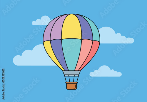 Colorful hot air balloon floating in a blue sky with clouds