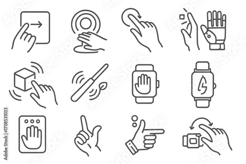 Gesture Control Icons. Line style icons of gesture-controlled tech: swipe sensor pad, air movement ring, hand flick interface,
