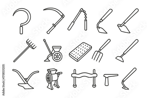 Antique Farming Icons. Line style icons of antique farming tools: sickle, scythe, grain flail, hoe, rake, seed drill, threshing