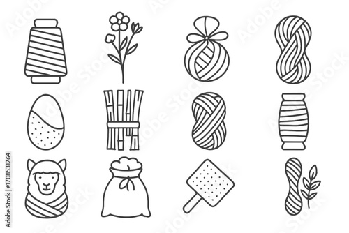 Natural Fiber Icons. Line style icons of natural fiber weaving: cotton yarn spool, flax plant, hemp twine, wool skein, silk cocoon
