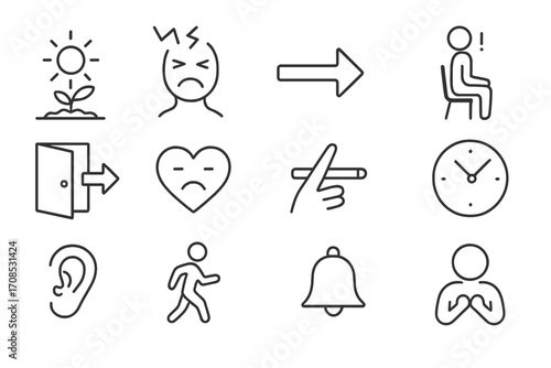 Behavioral Cue Icons. Line style icons of behavioral cues: environmental trigger, stress icon, cue arrow, body posture alert,