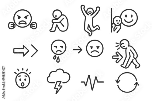 Emotion Icon Set. Line style icons of emotion-behavior links: angry face with fists, sadness with withdrawal, excitement and