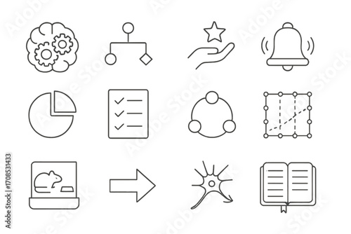 Behavioral Psychology Icons. Line style icons of behavioral psychology: brain with gears, decision tree icon, reward stimulus,