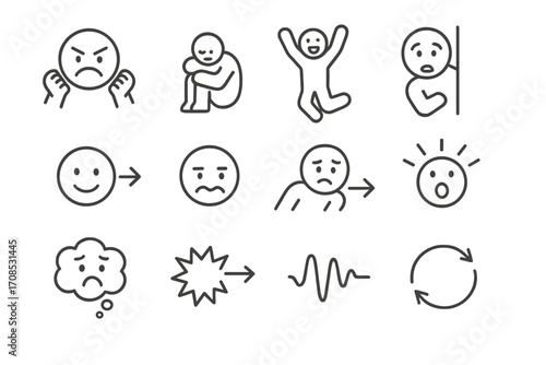 Emotion Icon Set. Line style icons of emotion-behavior links: angry face with fists, sadness with withdrawal, excitement and