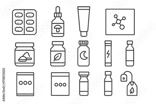 Dietary Supplements Icons. Line style icons of dietary biohacking supplements: omega capsule blister, mushroom extract tincture,
