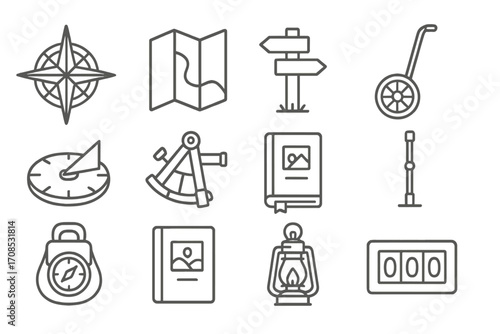 Early Navigation Icons. Line style icons of early travel navigation tools: compass rose, paper road map, wooden signpost,