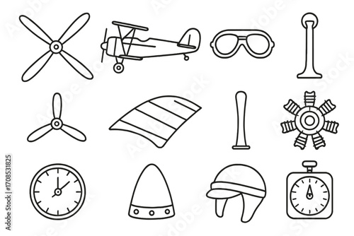 Vintage Aviation Icons. Line style icons of vintage aviation: biplane propeller, open cockpit plane, pilot goggles, vintage