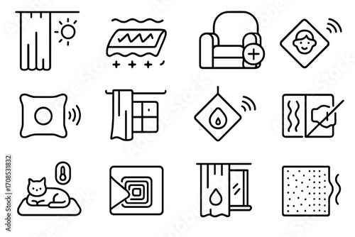 Smart Home Fabric Icons. Line style icons of smart home fabrics: curtain with ambient sensor, heated bedsheet layer, fabric