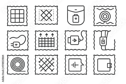 Textile Power Icons. Line style icons of textile power systems: woven solar panel, kinetic energy patch, micro battery pocket,
