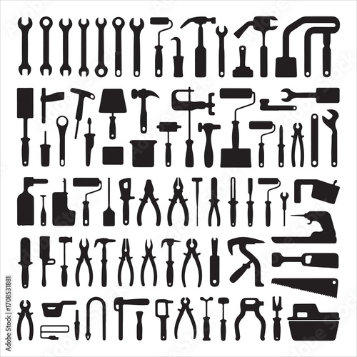 Vector illustration set of worker silhouettes with tools like a hammer, screwdriver, and saw