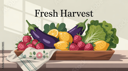 Fresh organic harvest of strawberries lemons eggplants and lettuce in wooden bowl healthy eating concept