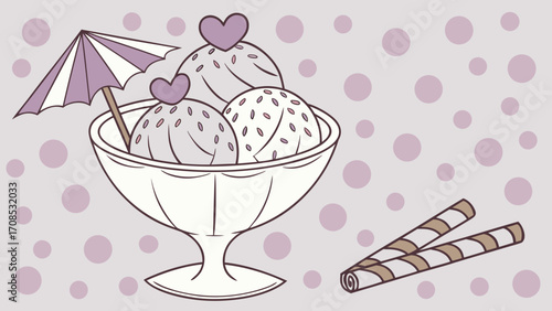 cute pastel ice cream sundae with polka dots and wafer rolls illustration