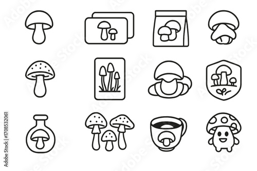 Mushroom-Themed Icon Designs. Line style icons of mushroom-themed branding and icons: mushroom logo symbol, fungi business card,