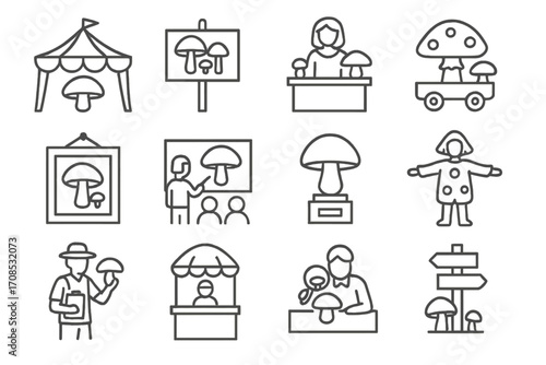 Mushroom Festival Icons. Line style icons of festivals and events on mushrooms: mushroom fair tent, forager community sign,