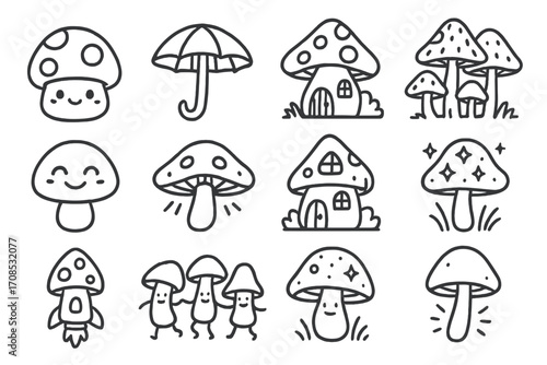 Mushroom Fantasy Icons. Line style icons of fun mushroom visuals: kawaii mushroom, mushroom umbrella, fantasy fungi hut, giant