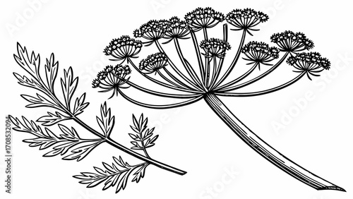 carrot family umbel flower with compound leaves botanical line drawing for herbal plant identification guide isolated on white background.