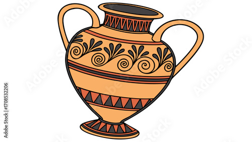 ancient greek amphora pottery with geometric patterns and handles for classical archaeology museum art collection decoration isolated on white background.
