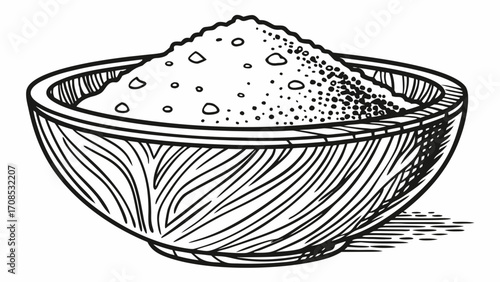 hand drawn rice bowl with grains illustration in black and white line art for cooking food and kitchen design isolated on white background.