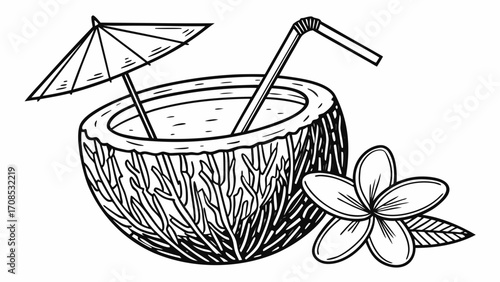 tropical coconut drink with paper umbrellas straws and plumeria flower for summer vacation beach bar illustration design isolated on white background.