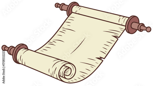 vintage parchment scroll with wooden rollers and aged paper texture for medieval historical document design and decoration isolated on white background.