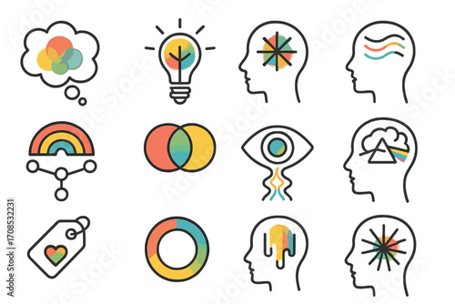 Synesthesia Icons. Line style icons of conceptual synesthesia: thought bubble with colors, idea-light with aura, intuition spark