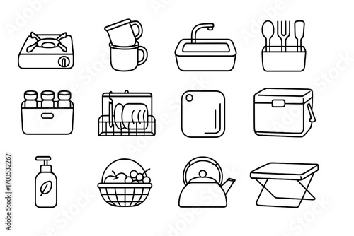 Glamping Kitchen Essentials. Line style icons of glamping kitchen setup: mini gas stove, enamel mugs, portable sink, utensil
