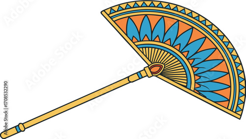 ornate traditional folding fan with intricate geometric mandala patterns in blue orange and gold for cultural art decoration isolated on white background.