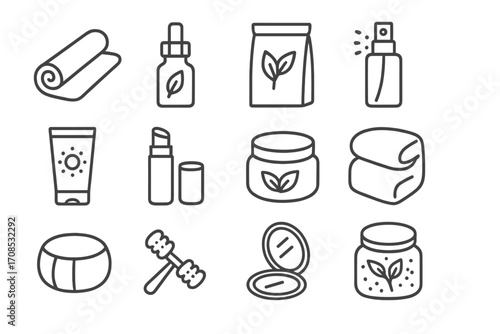 Glamping Wellness Icons. Line style icons of glamping wellness essentials: yoga mat, essential oil bottle, herbal tea pouch, face