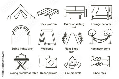 Luxury Glamping Icons. Line style icons of luxury campsite layout: glamping tent, deck platform icon, outdoor seating set, lounge
