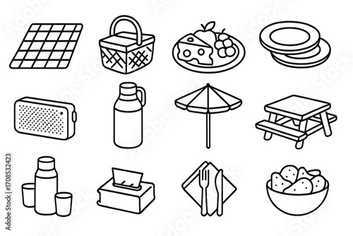 Glamping Picnic Icons. Line style icons of glamping picnic moments: plaid picnic blanket, wicker basket, cheese and fruit tray,