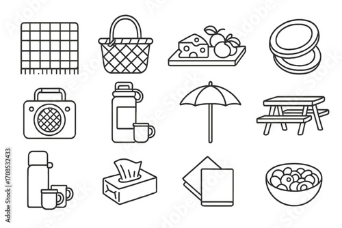 Glamping Picnic Icons. Line style icons of glamping picnic moments: plaid picnic blanket, wicker basket, cheese and fruit tray,