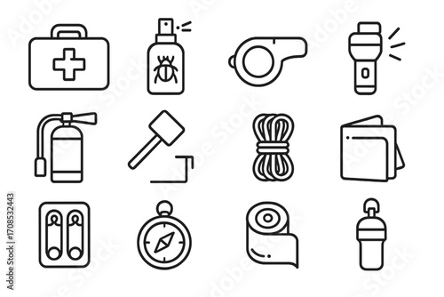Glamping Safety Icons. Line style icons of glamping safety items: first aid kit, bug repellent bottle, whistle icon, flashlight