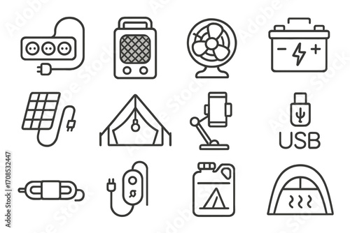 Glamping Gear Icons. Line style icons of glamping utilities: power strip icon, mini heater, camp fan, battery storage box, solar