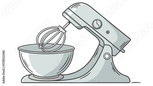 stand mixer kitchen appliance line drawing gray illustration baking equipment isolated on white background.