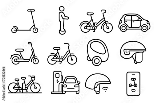 Micro-Mobility Icons. Line style icons of micro-mobility devices: foldable e-scooter, hoverboard rider, electric unicycle, compact