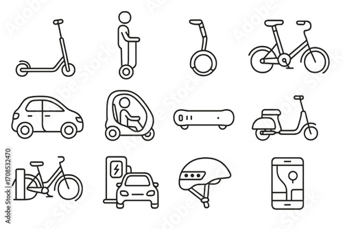 Micro-Mobility Icons Collection. Line style icons of micro-mobility devices: foldable e-scooter, hoverboard rider, electric