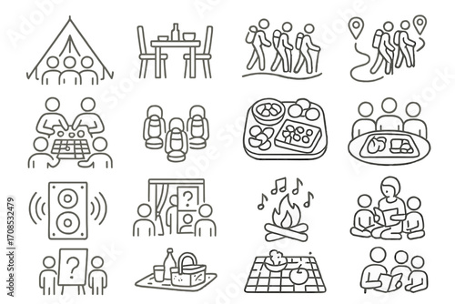 Glamping Adventure Icons. Line style icons of group glamping fun: team tent icon, shared meal setup, group hiking route, board