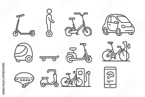 Micro-Mobility Icons Collection. Line style icons of micro-mobility devices: foldable e-scooter, hoverboard rider, electric