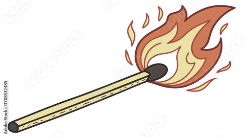 wooden matchstick burning flame orange red yellow fire illustration cartoon style isolated on white background.