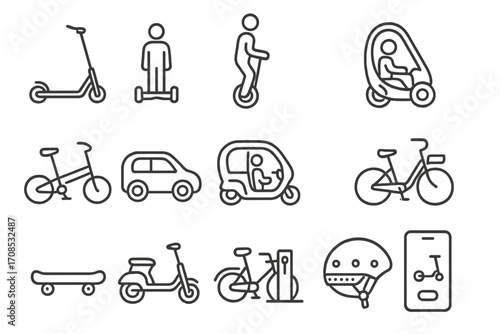 Micro-Mobility Icons. Line style icons of micro-mobility devices: foldable e-scooter, hoverboard rider, electric unicycle, compact