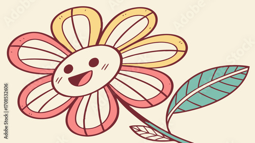 cartoon smiling daisy flower happy face pink petals teal leaf illustration design.