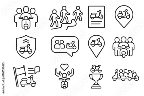 Scooter Community Icons. Line style icons of scooter community events: ride meetup group, group path icon, event poster with