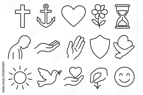 Icons of Christian Virtues. Line style icons of Christian virtues from Bible: faith icon, hope anchor, love heart, patience