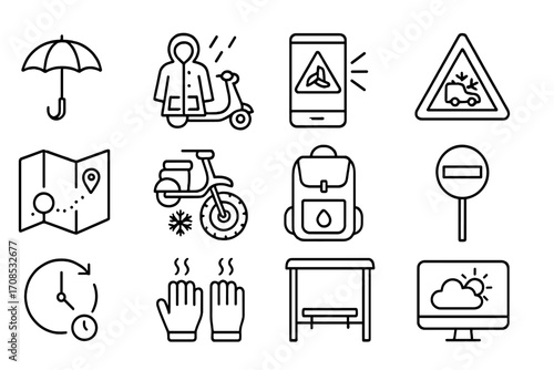 Weather Icon Set. Line style icons of weather-based commuting: umbrella mount icon, rainproof coat with scooter, wind alert on