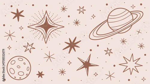 celestial astronomical pattern stars planets rust terracotta cream background illustration design.