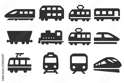 Passenger Train Icons. Solid style icons of passenger trains: high-speed train, double-decker train, regional train, sleeper car,
