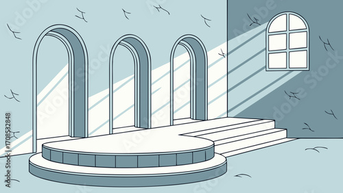 minimalist architectural interior with arched openings circular platform and geometric window illustration design.