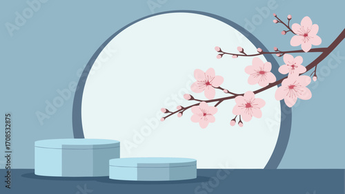  stepped platforms cherry blossom 3d scene minimalist zen composition with circular backdrop isolated on white background.
